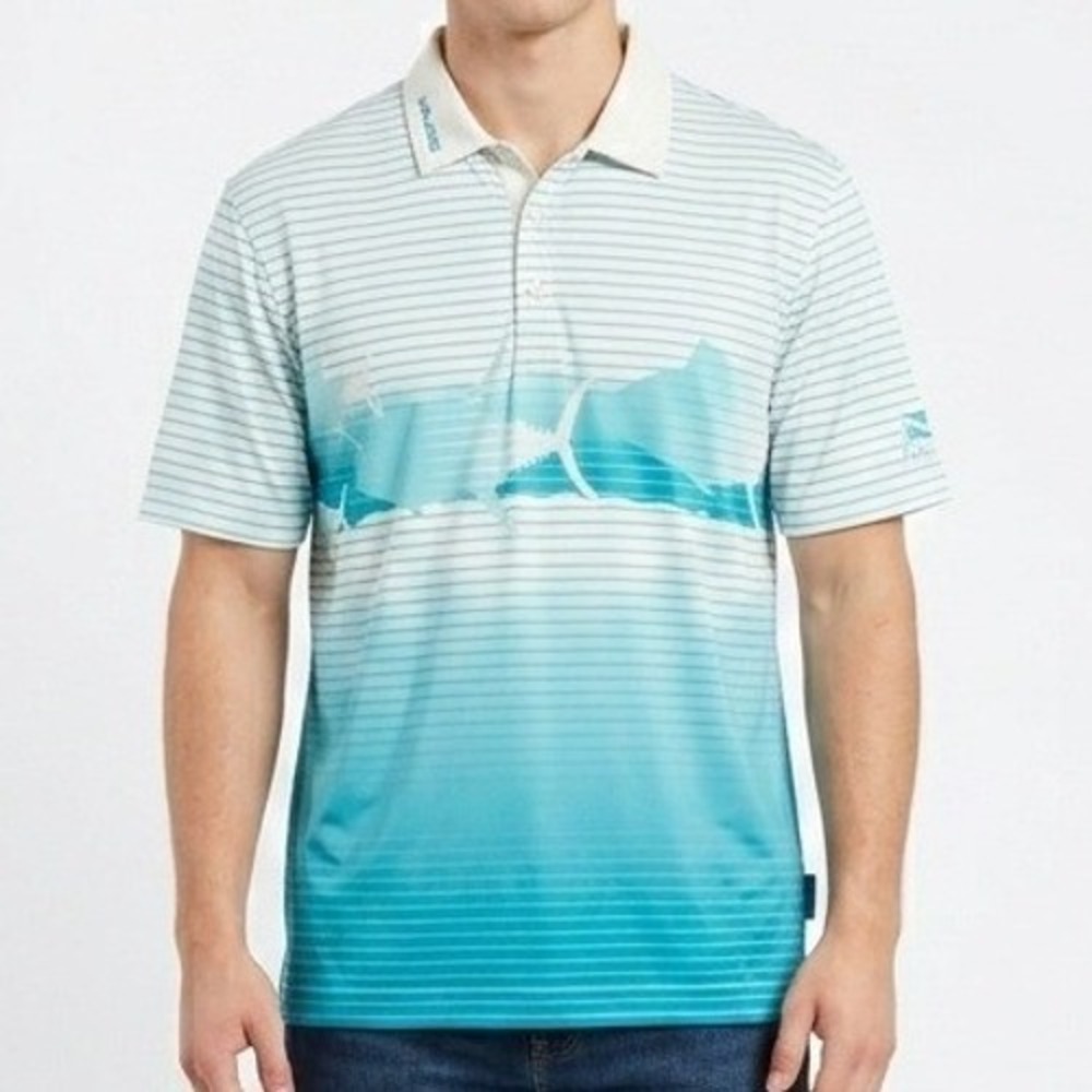 Pelagic Performance Polo Mens Medium Blue Marlin Striped Fishing Shirt